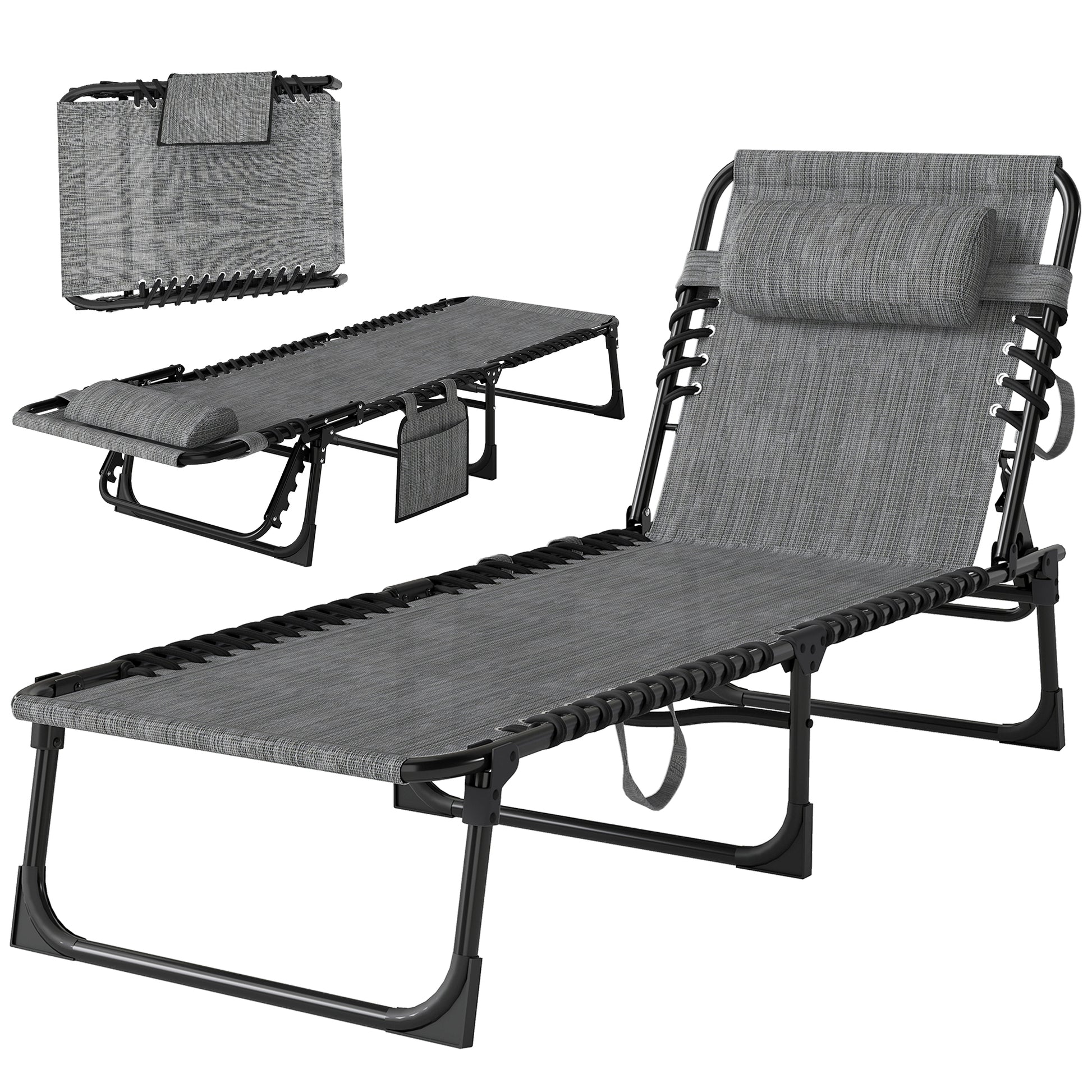 Outdoor Folding Chaise Lounge, Reclining Lounge Chair with Adjustable Backrest and Removable Pillow, Mixed Grey