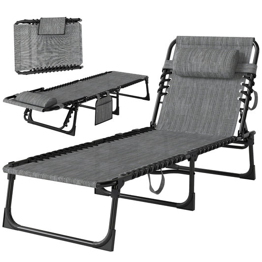 Outdoor Folding Chaise Lounge, Reclining Lounge Chair with Adjustable Backrest and Removable Pillow, Mixed Grey
