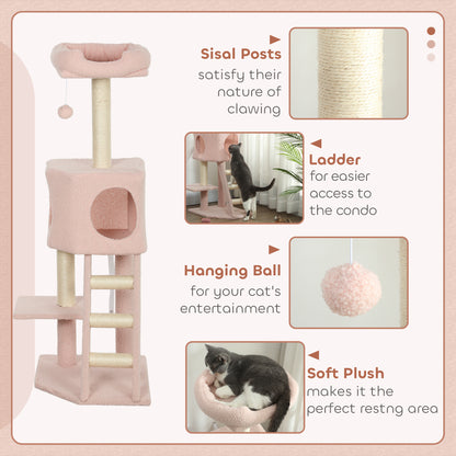 47" Tall Cat Tree Tower with Condo, Ladder, Scratching Posts and Hanging Ball, Pink