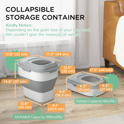 6-30lb Dog Food Storage Container Collapsible Design with Airtight Lids, Rolling Wheels, Cup, Bowl, Spoon, Grey