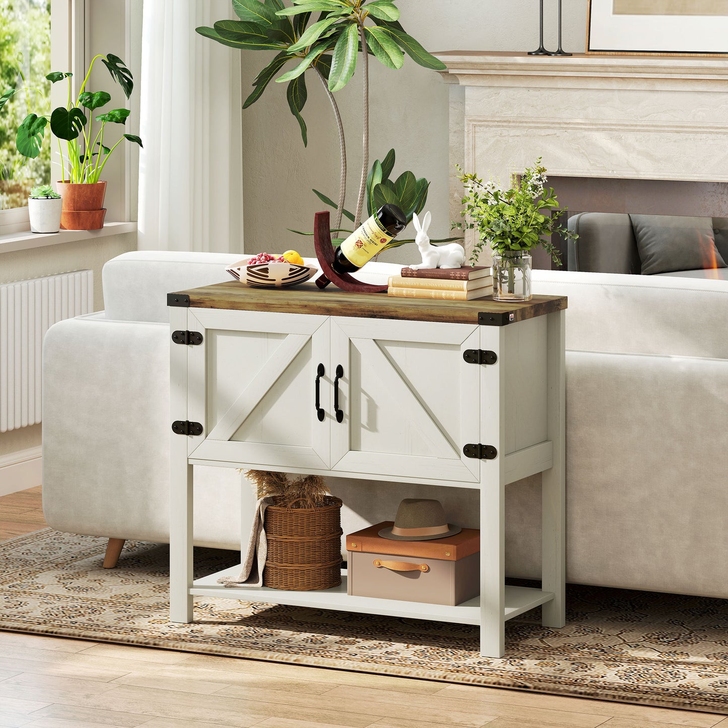 Farmhouse Kitchen Storage Cabinet, Free Standing Sideboard Console Table with Barn Doors, Bottom Shelf, White