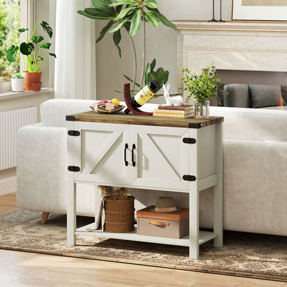 Farmhouse Kitchen Storage Cabinet, Free Standing Sideboard Console Table with Barn Doors, Bottom Shelf, White