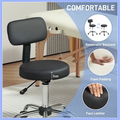Adjustable Rolling Stool with Removable Backrest, Faux Leather Swivel Stool Chair for Salon Spa, Bar, Massage, Black