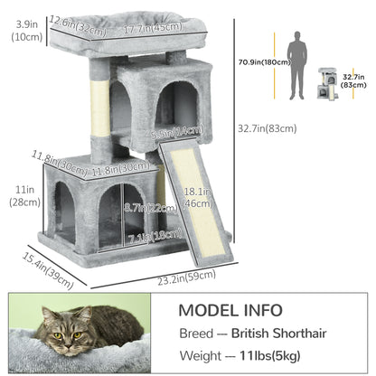 Plush Cat Tree Tower Activity Center with Sisal Scratching Post Scratching Board Perch Condo, Light Grey
