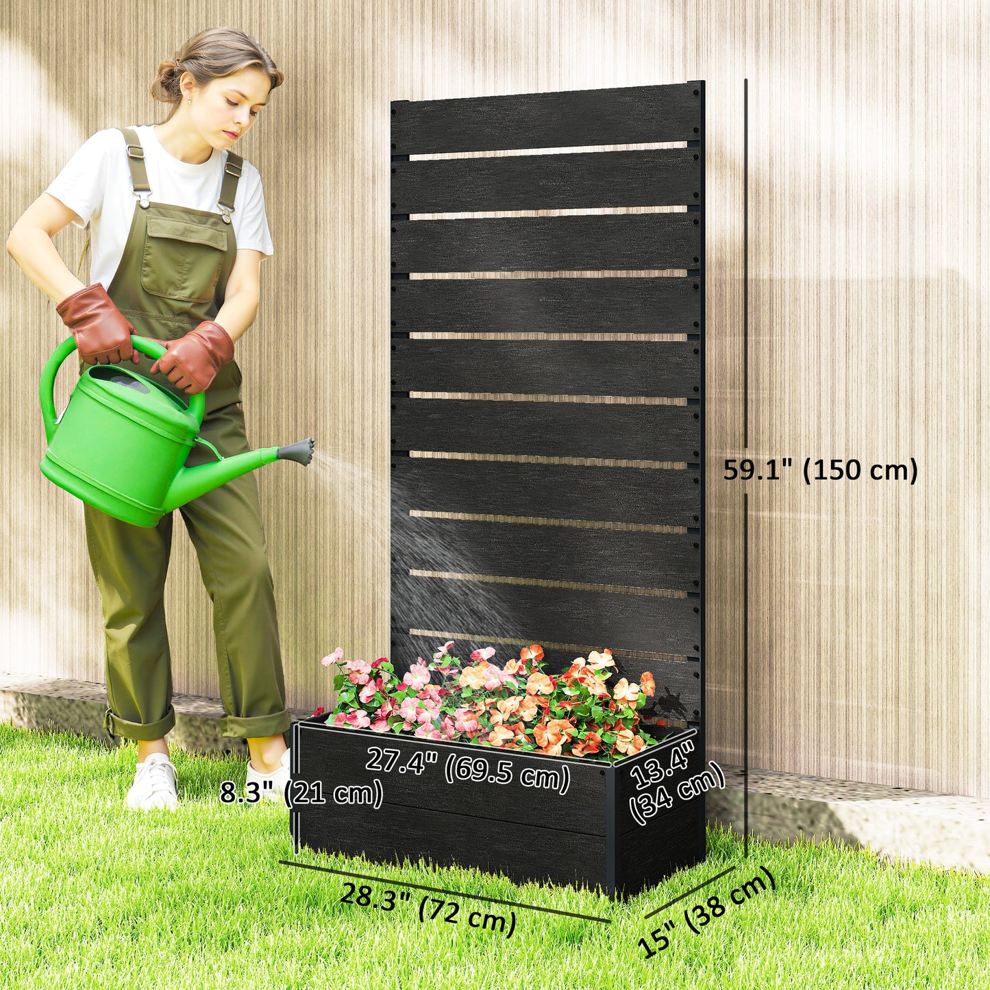 Raised Garden Bed with Trellis, Freestanding Elevated Planter Box for Climbing Vines, 28" x 15" x 59", Black
