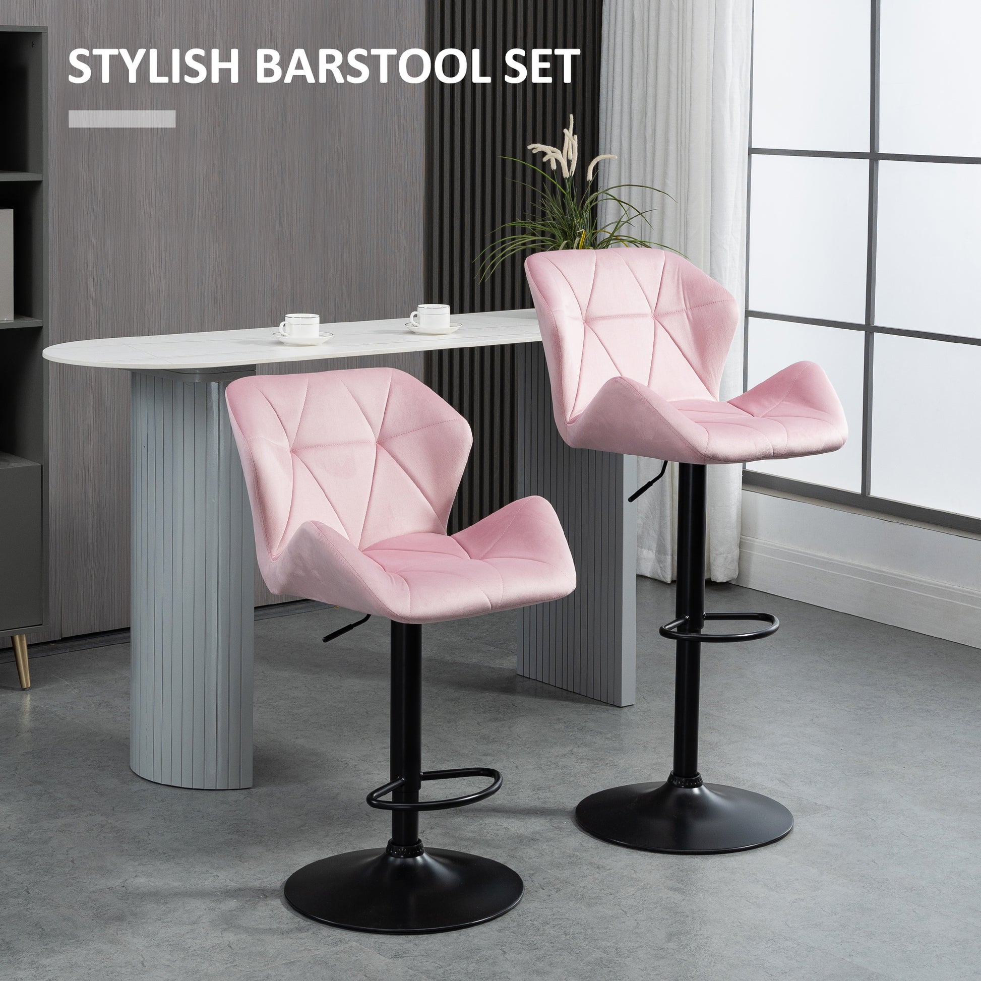 Velvet-Touch Bar Stool Set of 2 Fabric Adjustable Height Armless Counter Chairs with Swivel Seat, Pink