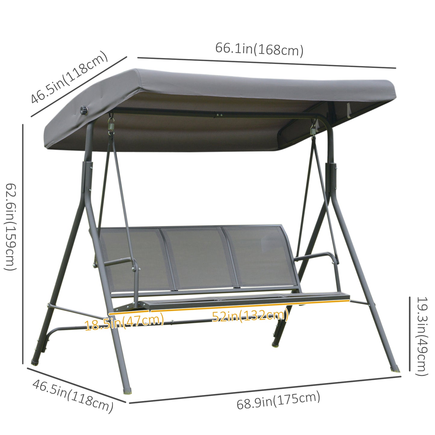 3-Seater Swing Chair Covered Garden Hammock A-Frame Outdoor Porch Glider Sling Seat with Adjustable Canopy Cover, Grey
