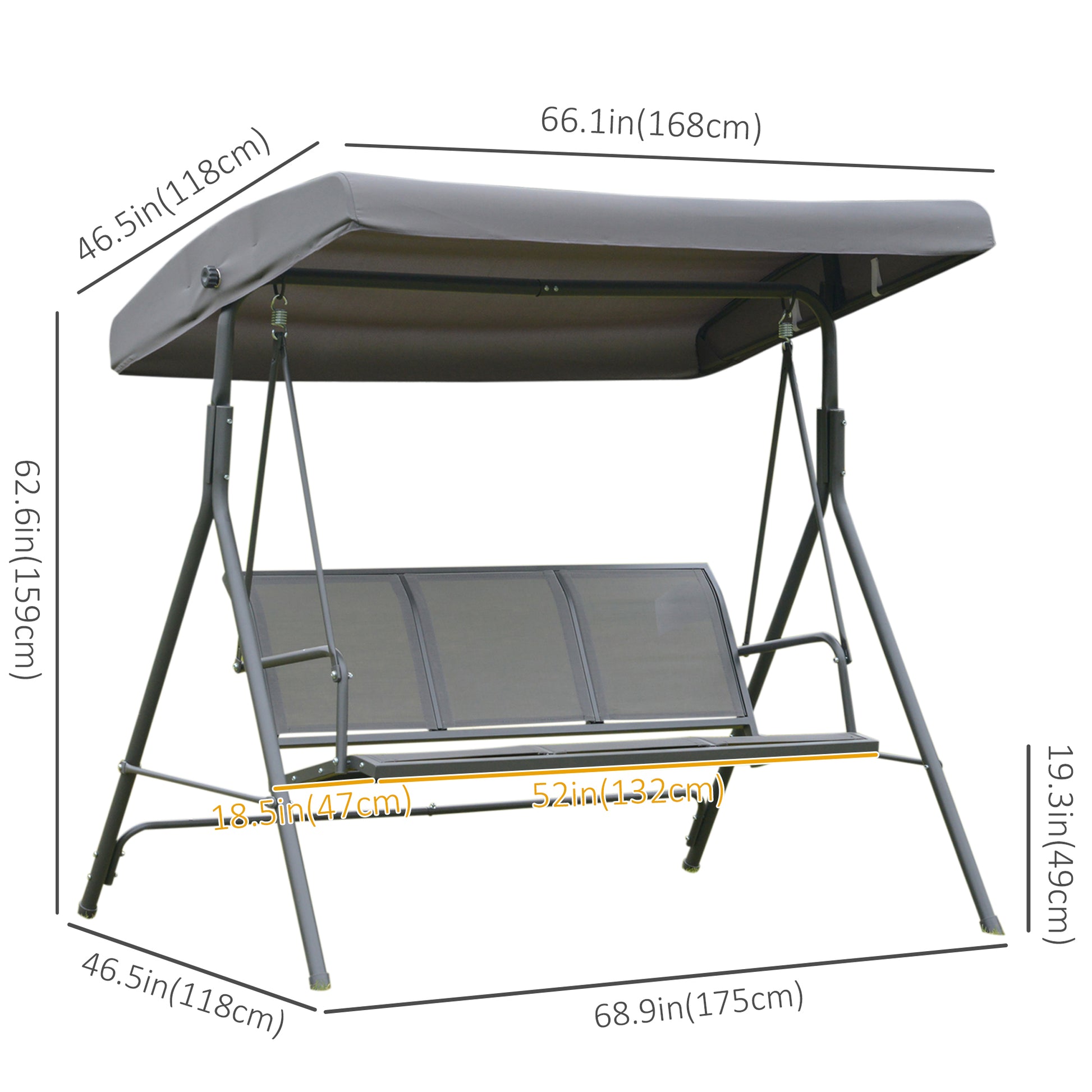 3-Seater Swing Chair Covered Garden Hammock A-Frame Outdoor Porch Glider Sling Seat with Adjustable Canopy Cover, Grey