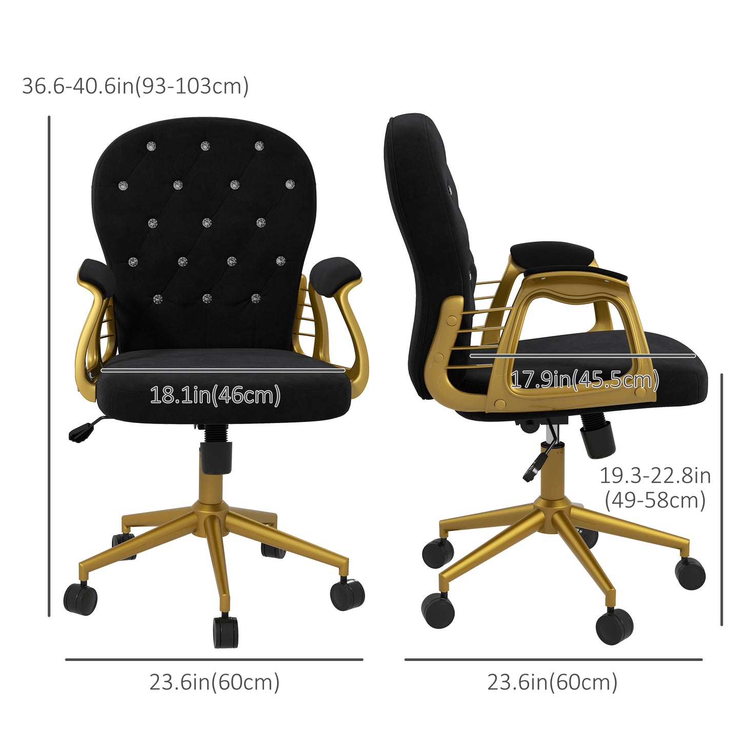 Velvet Office Desk Chair Button Tufted Vanity Chair with Swivel Wheels, Adjustable Height and Tilt Function, Black