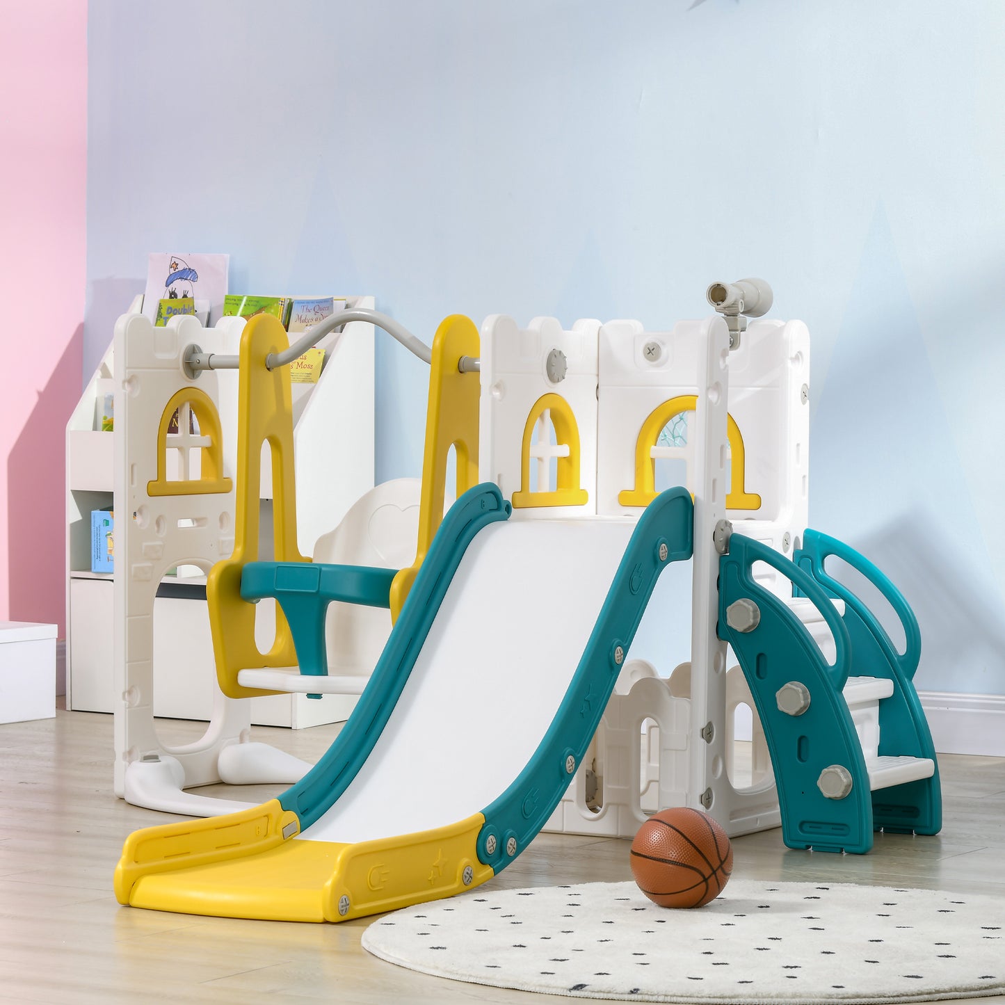 Qaba 6-in-1 Slide and Swing Set Baby Swing Playset Indoor with Basketball Hoop, Climber, Storage Space, Telescope, Yellow