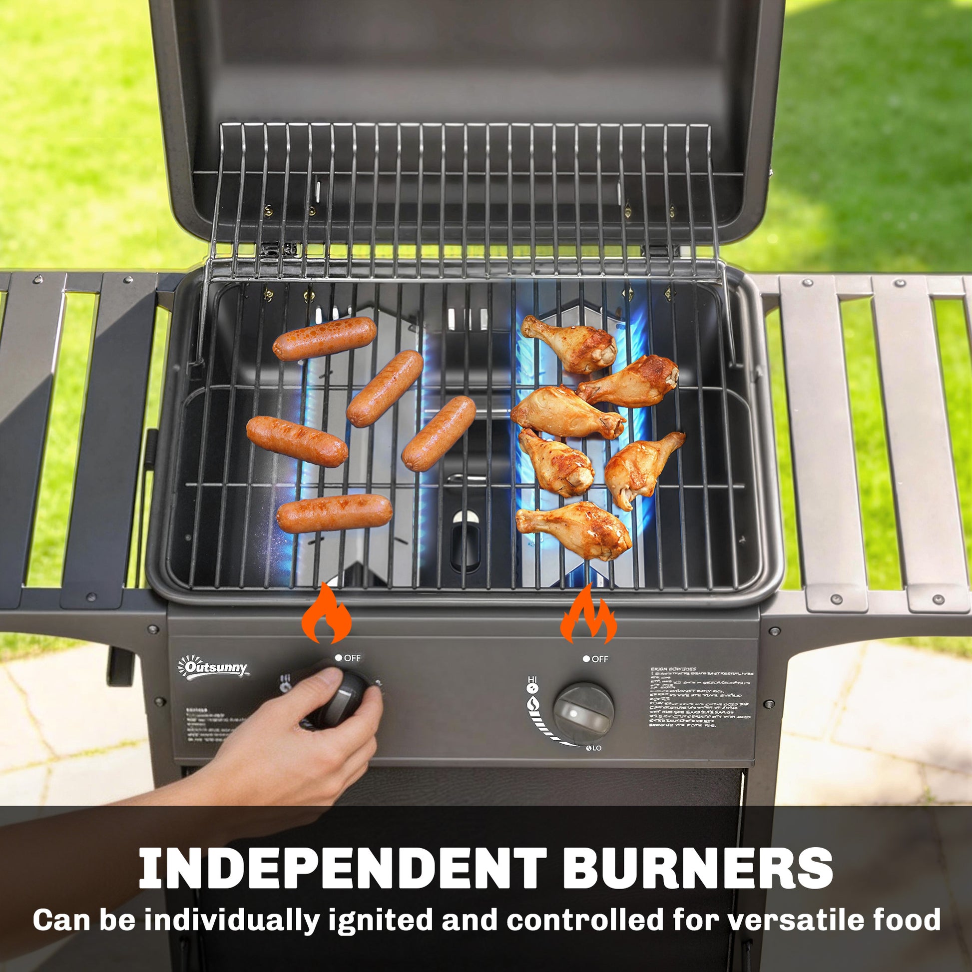 2-Burner Propane Gas Grill, 18000 BTU BBQ Grill with Wheels, Warming Rack, Shelf, Thermometer, Grease Cup, Black