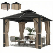 10' x 10' Hardtop Gazebo with 7mm Polycarbonate Double-Tier Roof, Outdoor Gazebo with Netting and Curtains, Khaki