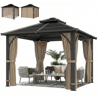 10' x 10' Hardtop Gazebo with 7mm Polycarbonate Double-Tier Roof, Outdoor Gazebo with Netting and Curtains, Khaki