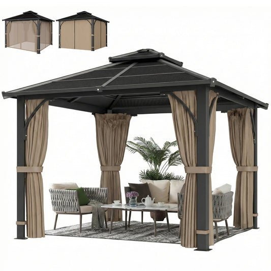 10' x 10' Hardtop Gazebo with 7mm Polycarbonate Double-Tier Roof, Outdoor Gazebo with Netting and Curtains, Khaki