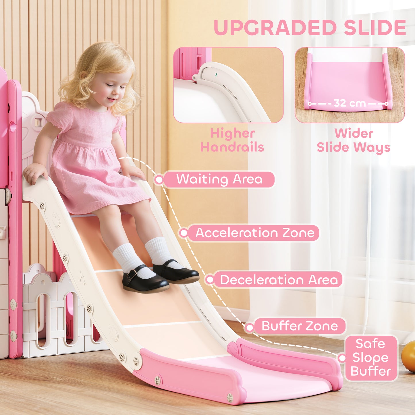 Qaba 7 in 1 Toddler Slide with Basketball Hoop, Climbing Frame, Telescope, Drawing Board, Storage Box for Ages 1-3, Pink