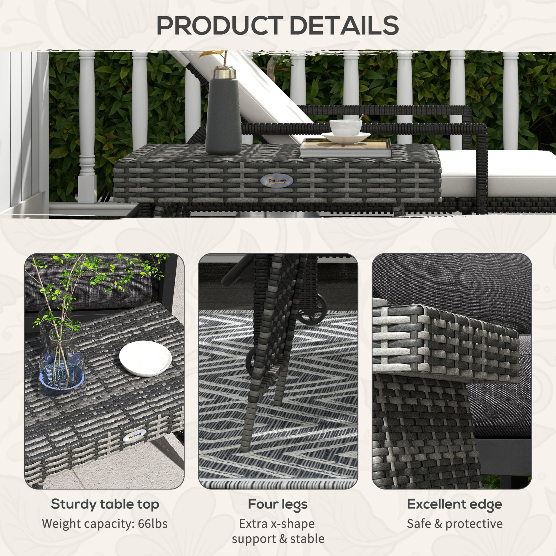 Outdoor Rattan Foldable End Table, Metal Frame Patio Wicker Table, Coffee Table Side Table for Poolside, Lawn, Garden, Mixed Grey