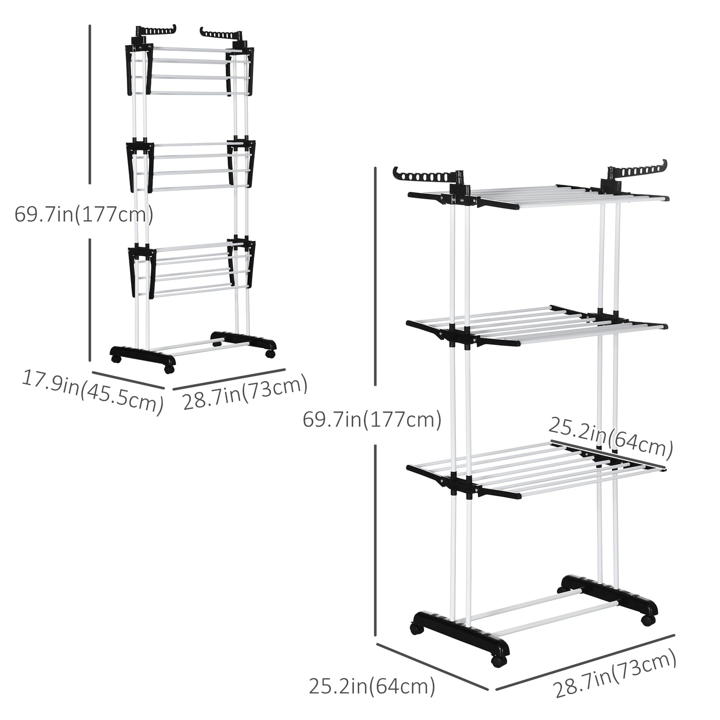 Foldable Clothes Drying Rack, 4-Tier Steel Laundry Rack for Drying Clothes with 2 Side Wings and 4 Castors, Indoor and Outdoor Use, Black