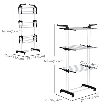 Foldable Clothes Drying Rack, 4-Tier Steel Laundry Rack for Drying Clothes with 2 Side Wings and 4 Castors, Indoor and Outdoor Use, Black