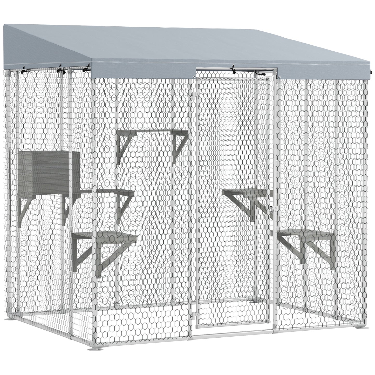 79" L Galvanized Steel Catio Outdoor Cat Enclosure w/ 420D Waterproof Canopy, Multiple Platforms, Resting Condo, Silver