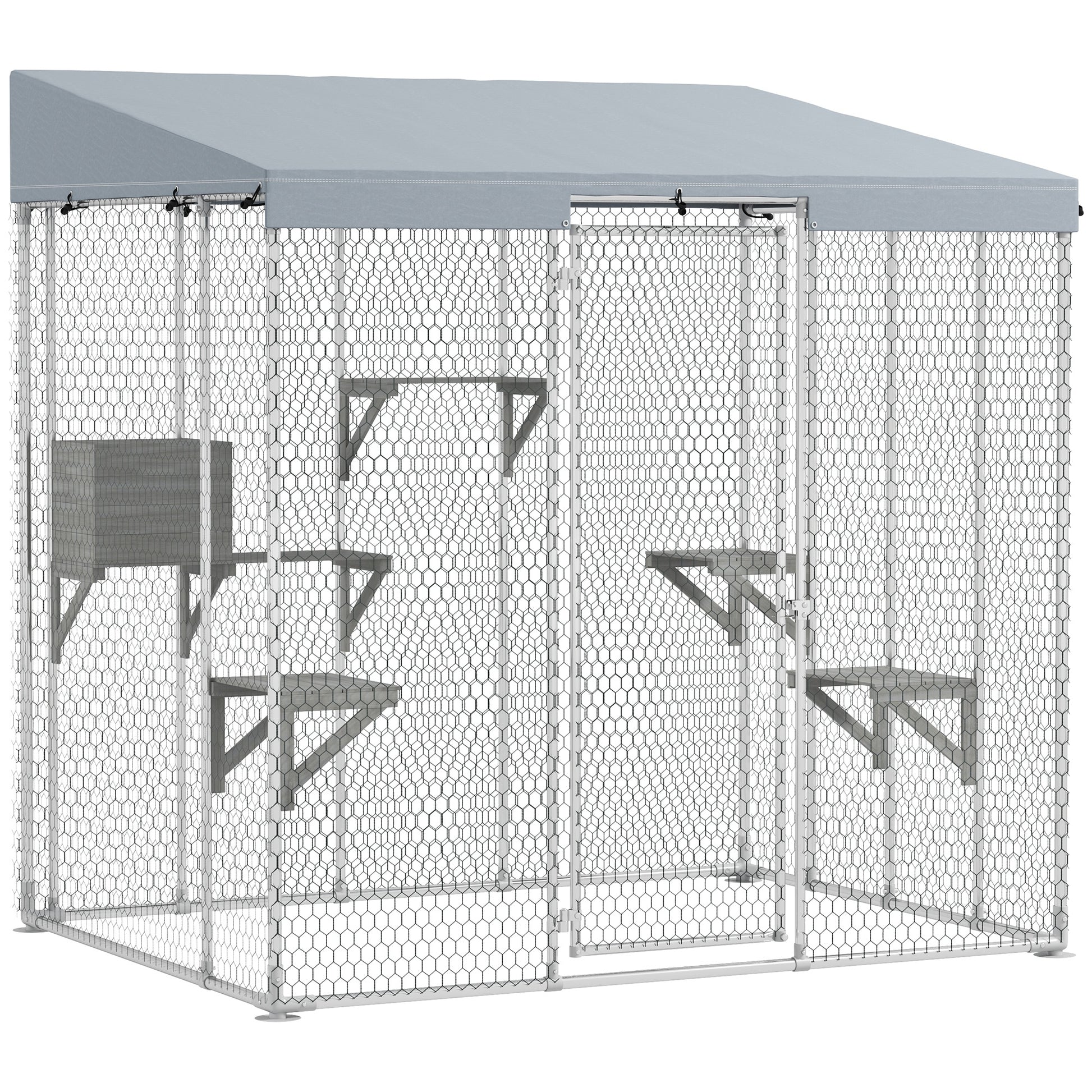 79" L Galvanized Steel Catio Outdoor Cat Enclosure w/ 420D Waterproof Canopy, Multiple Platforms, Resting Condo, Silver