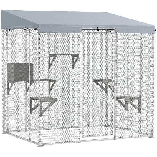 79" L Galvanized Steel Catio Outdoor Cat Enclosure w/ 420D Waterproof Canopy, Multiple Platforms, Resting Condo, Silver
