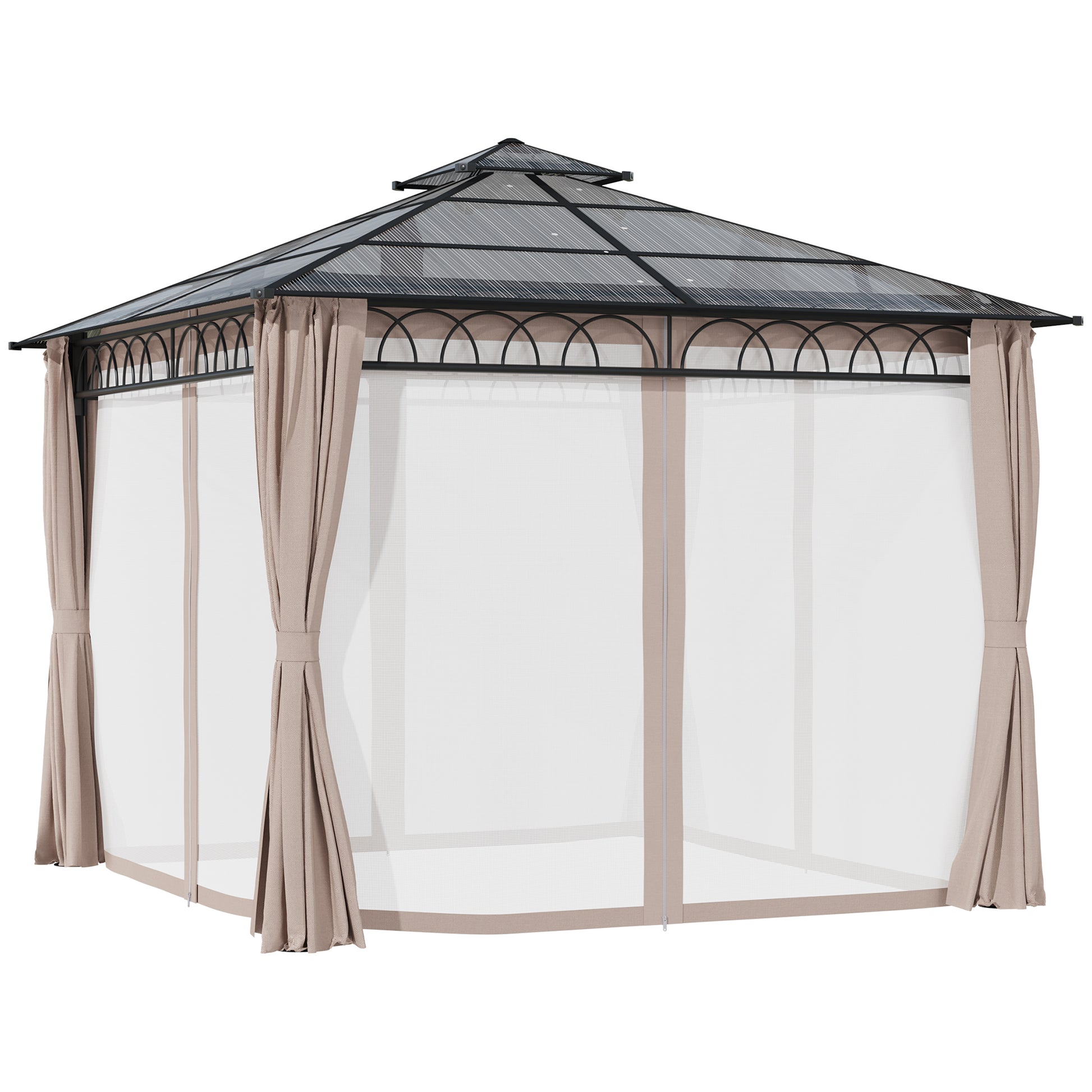 10' x 10' Outdoor Hardtop Gazebo Canopy w/ Double PC Roof, Steel Frame, Nettings, Curtains for Garden Lawn Deck, Khaki