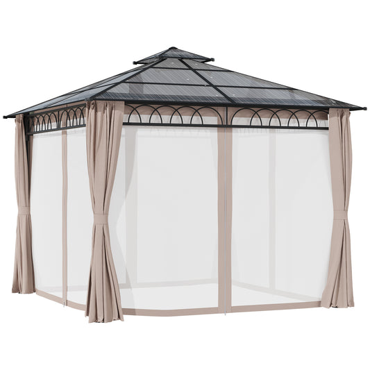 10' x 10' Outdoor Hardtop Gazebo Canopy w/ Double PC Roof, Steel Frame, Nettings, Curtains for Garden Lawn Deck, Khaki