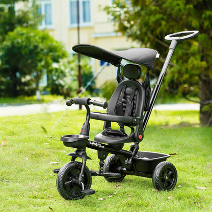 Qaba Tricycle for Toddler 4 in 1 Kids Trike, Converts Stroller to Toddler Bike, Adjustable Backrest & Flat Canopy, Detachable Guardrail & Handle for 1-5 Years Old, Black