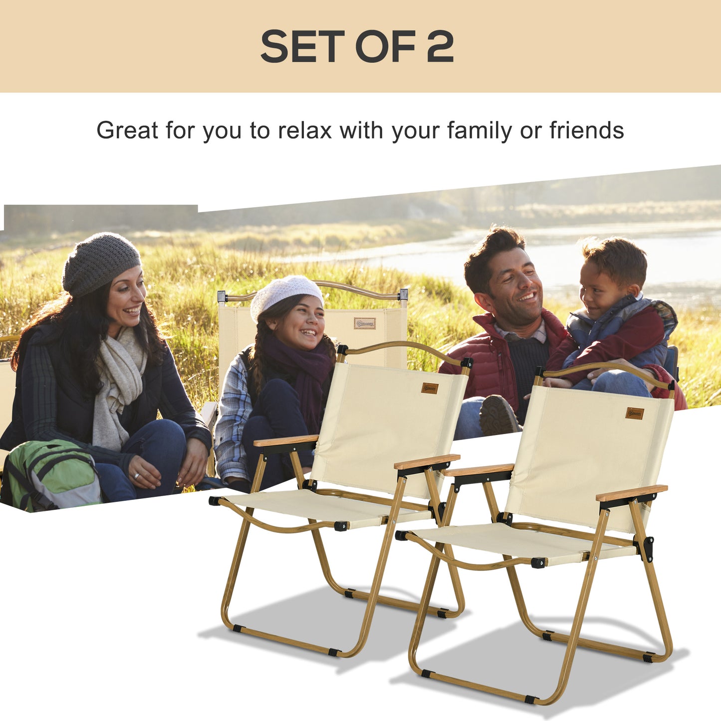 Set of 2 Camping Chair, Lightweight Folding Chair, Portable Armchairs, Excellent for Festivals, Fishing, Beach and Hiking, Beige