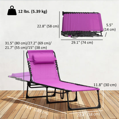 Outdoor Folding Lounge Chair, 4-Level Adjustable Chaise Lounge with Headrest, Tanning Chair Beach Bed, Reclining Lounger Cot for Camping, Hiking, Backyard, Purple