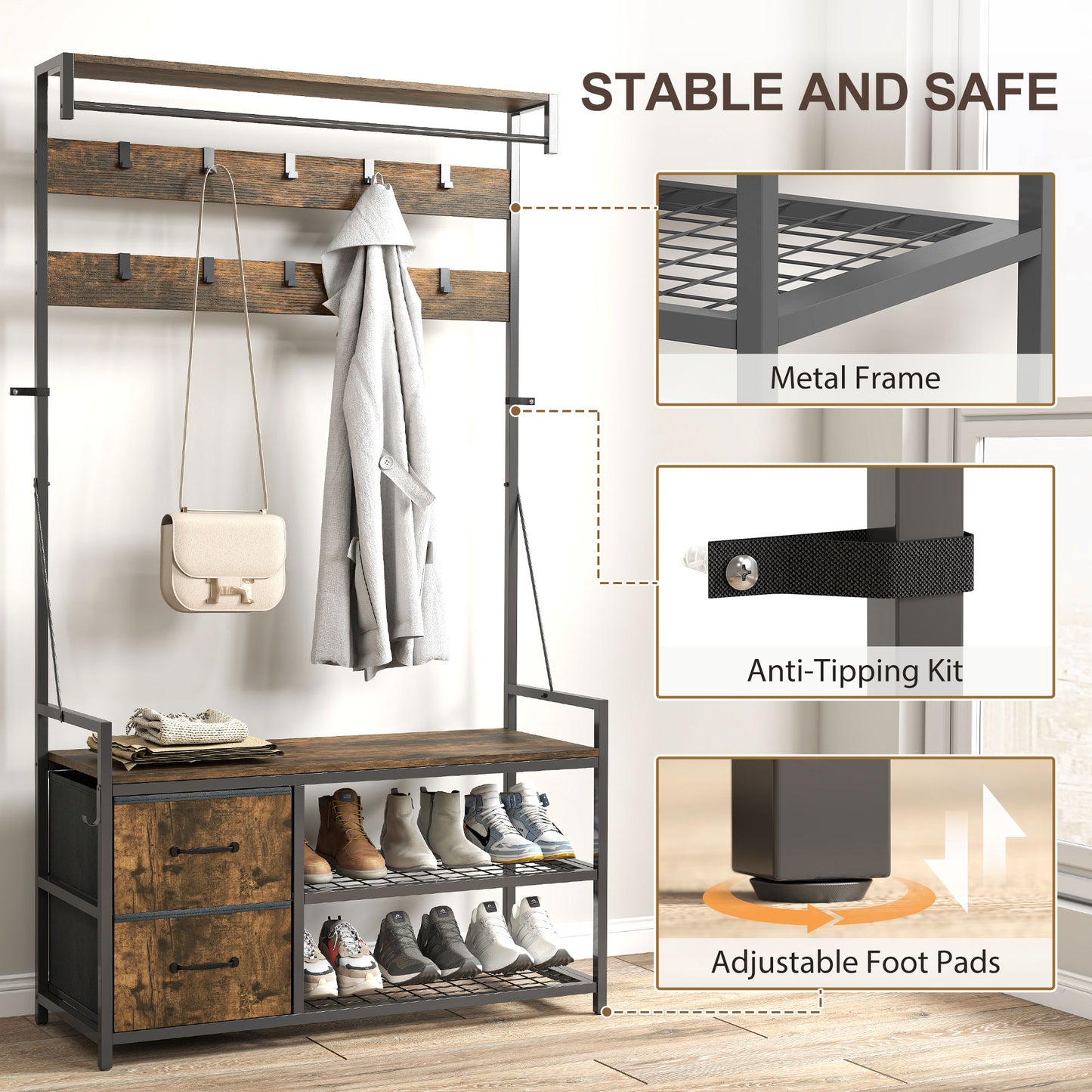 6-In-1 Hall Tree with Shoe Storage, Coat Rack Shoe Storage with 10 Hooks, 2 Fabric Drawers, Rustic Brown