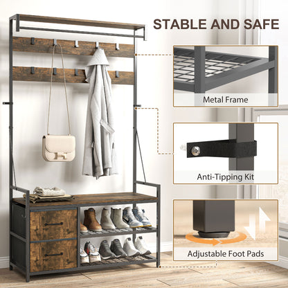 6-In-1 Hall Tree with Shoe Storage, Coat Rack Shoe Storage with 10 Hooks, 2 Fabric Drawers, Rustic Brown