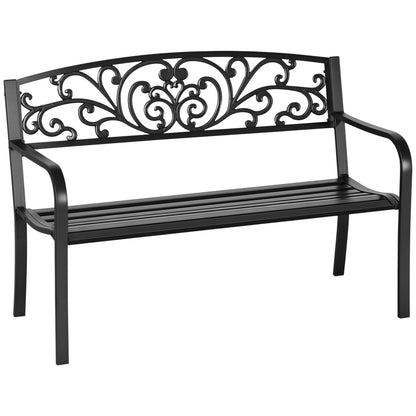 50" 2-Seater Garden Bench Chair, Outdoor Blossoming Pattern Garden Decorative Loveseat Bench for Yard, Lawn, Porch, Black