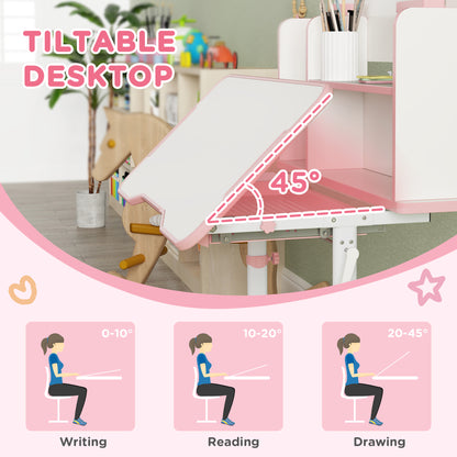 Qaba Adjustable Height Kids Desk and Chair Set, Kids Study Table and Chair with Tilt Desktop, Drawer, Reading Rack, Pink