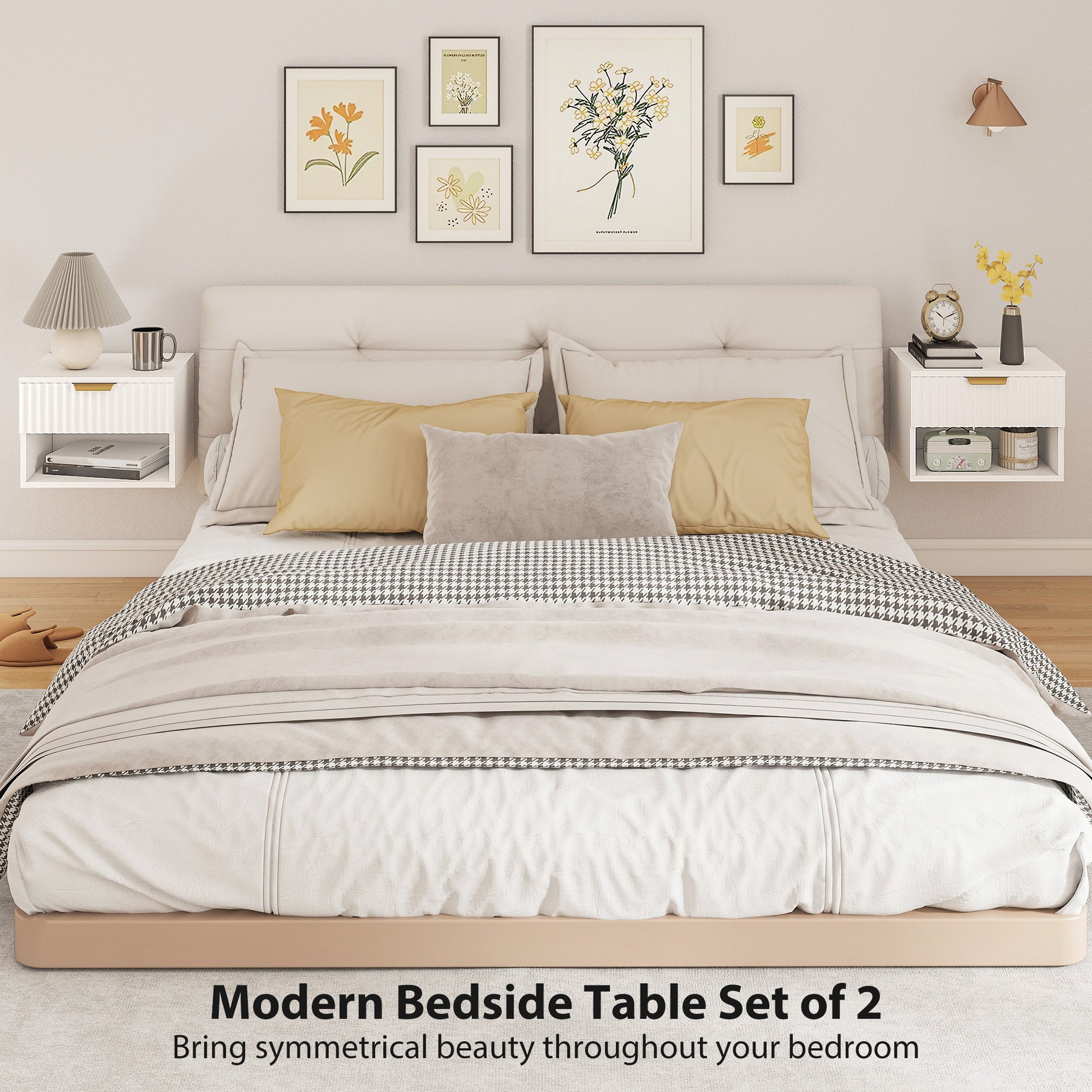 Floating Nightstands, Wall Mounted Bedside Tables Set of 2 with Drawer and Open Shelf, White