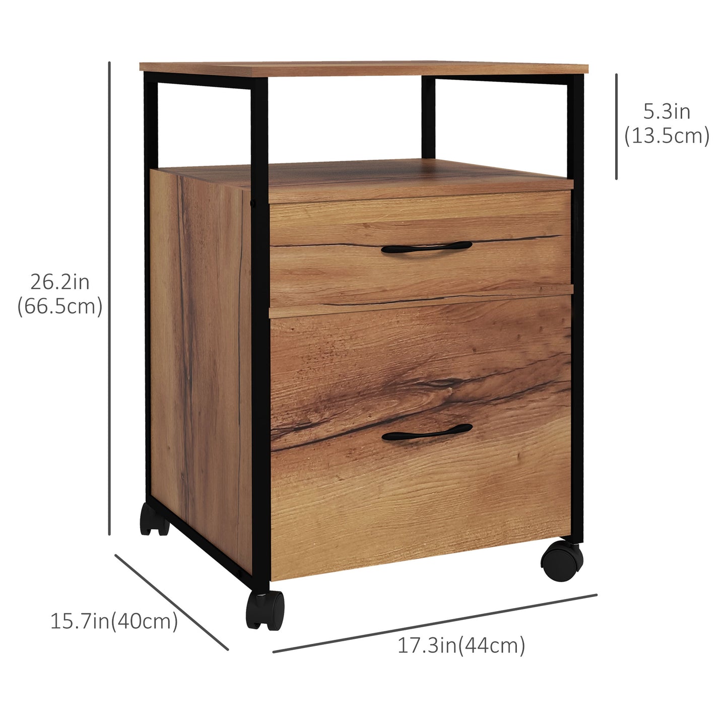 Vertical Filing Cabinet with Wheels, 26.2" Tall File Cabinet with 2 Drawers, Open Shelf, Hanging Bars for Letter and A4, Industrial Home Office Printer Stand, Rustic Brown