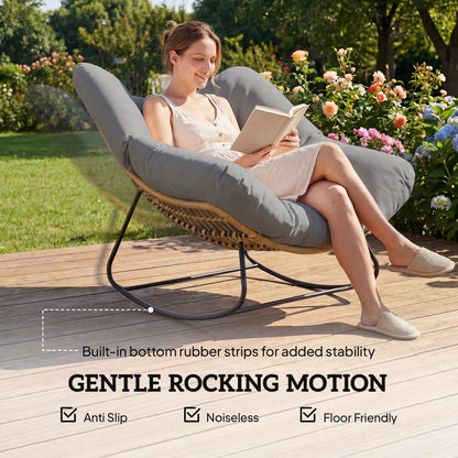 Indoor Outdoor Papasan Rocking Chair, Oversized Rocking Egg Chair with Cushion for Garden, Patio, Grey