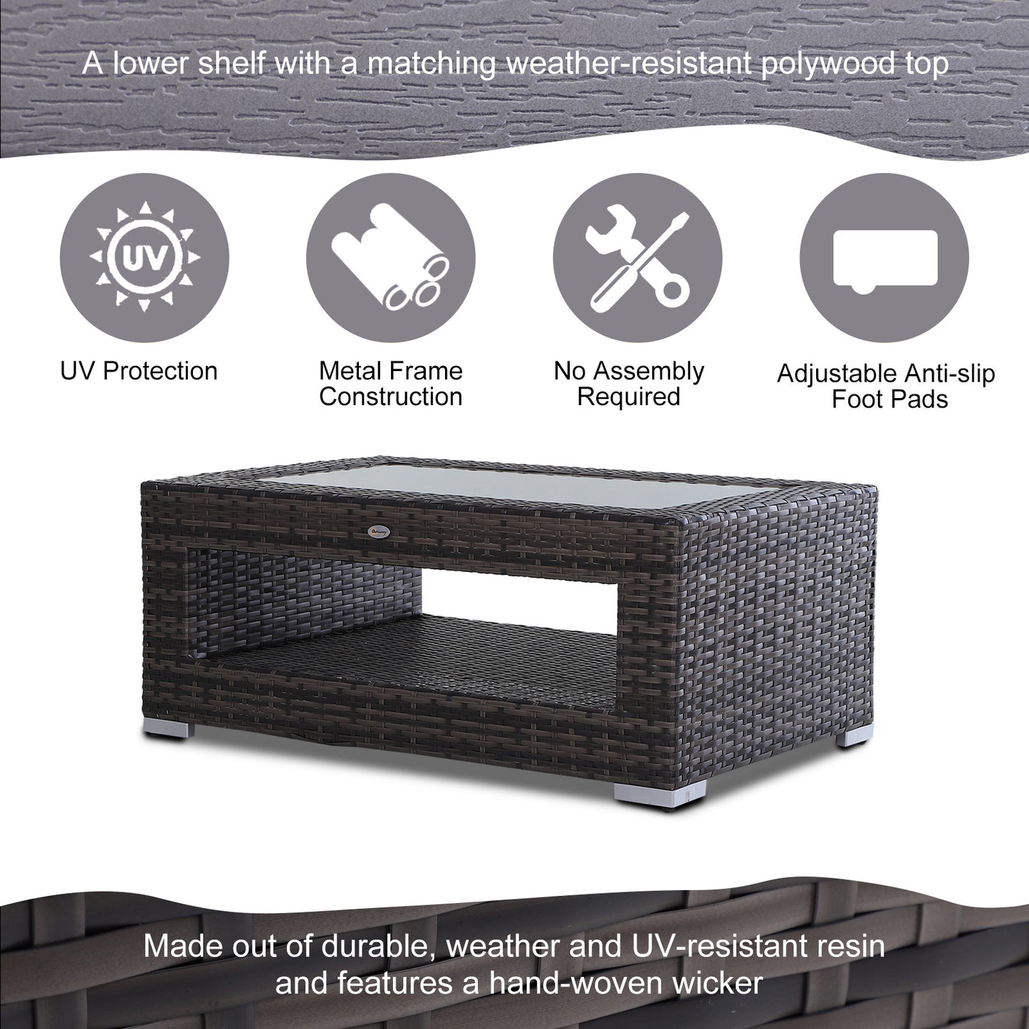 2-Tier Rattan Patio Coffee Table Outdoor Side Table PE Wicker Patio Garden Tea End Desk with Tempered Glass Top & Storage for Balcony, Backyard, Poolside