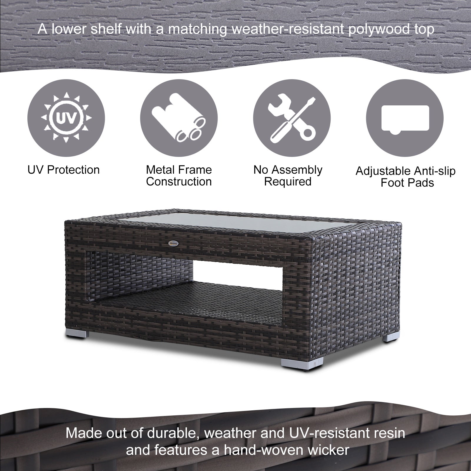 2-Tier Rattan Patio Coffee Table Outdoor Side Table PE Wicker Patio Garden Tea End Desk with Tempered Glass Top & Storage for Balcony, Backyard, Poolside