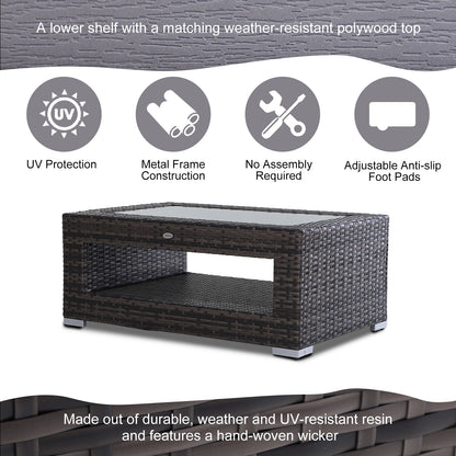 2-Tier Rattan Patio Coffee Table Outdoor Side Table PE Wicker Patio Garden Tea End Desk with Tempered Glass Top & Storage for Balcony, Backyard, Poolside