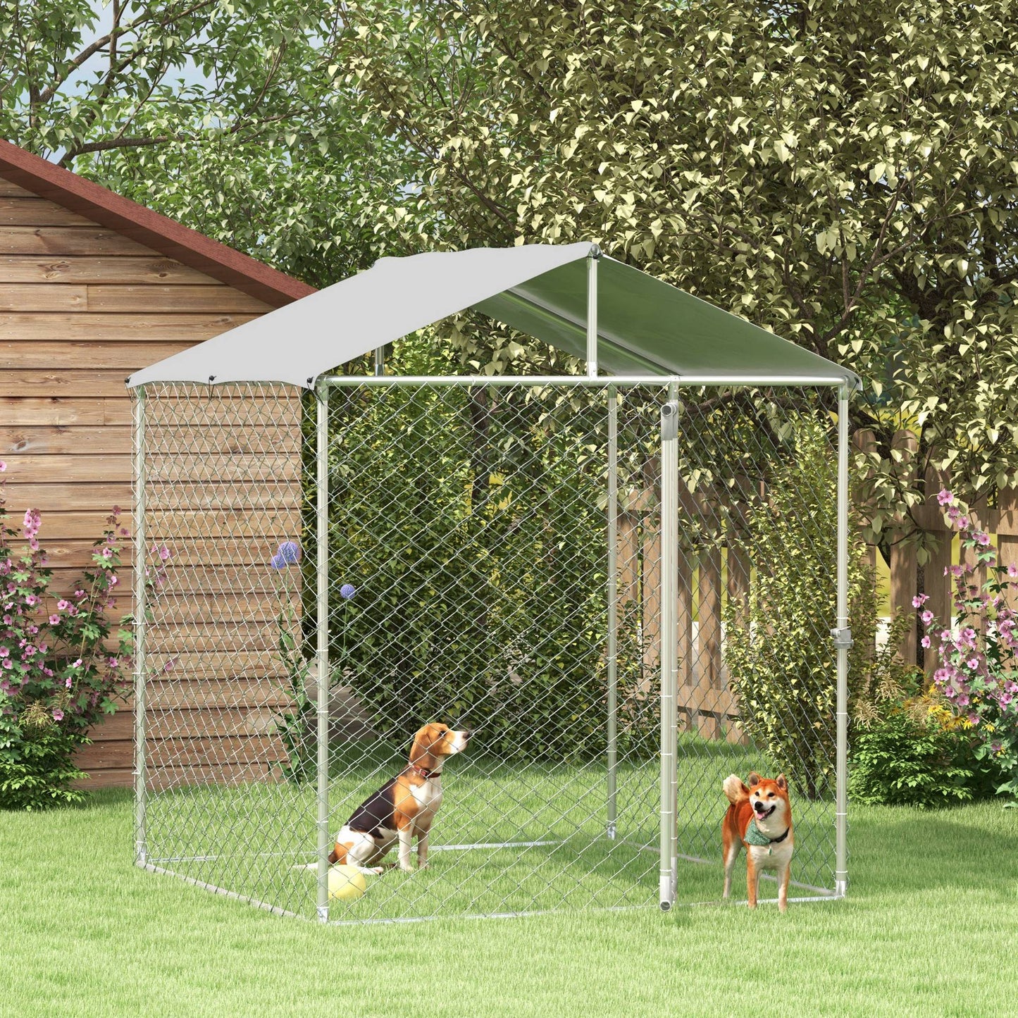 6.6' x 6.6' x 7.8' Outdoor Dog Kennel Heavy Duty Galvanized Steel Chain Link with UV-resistant Roof, Silver