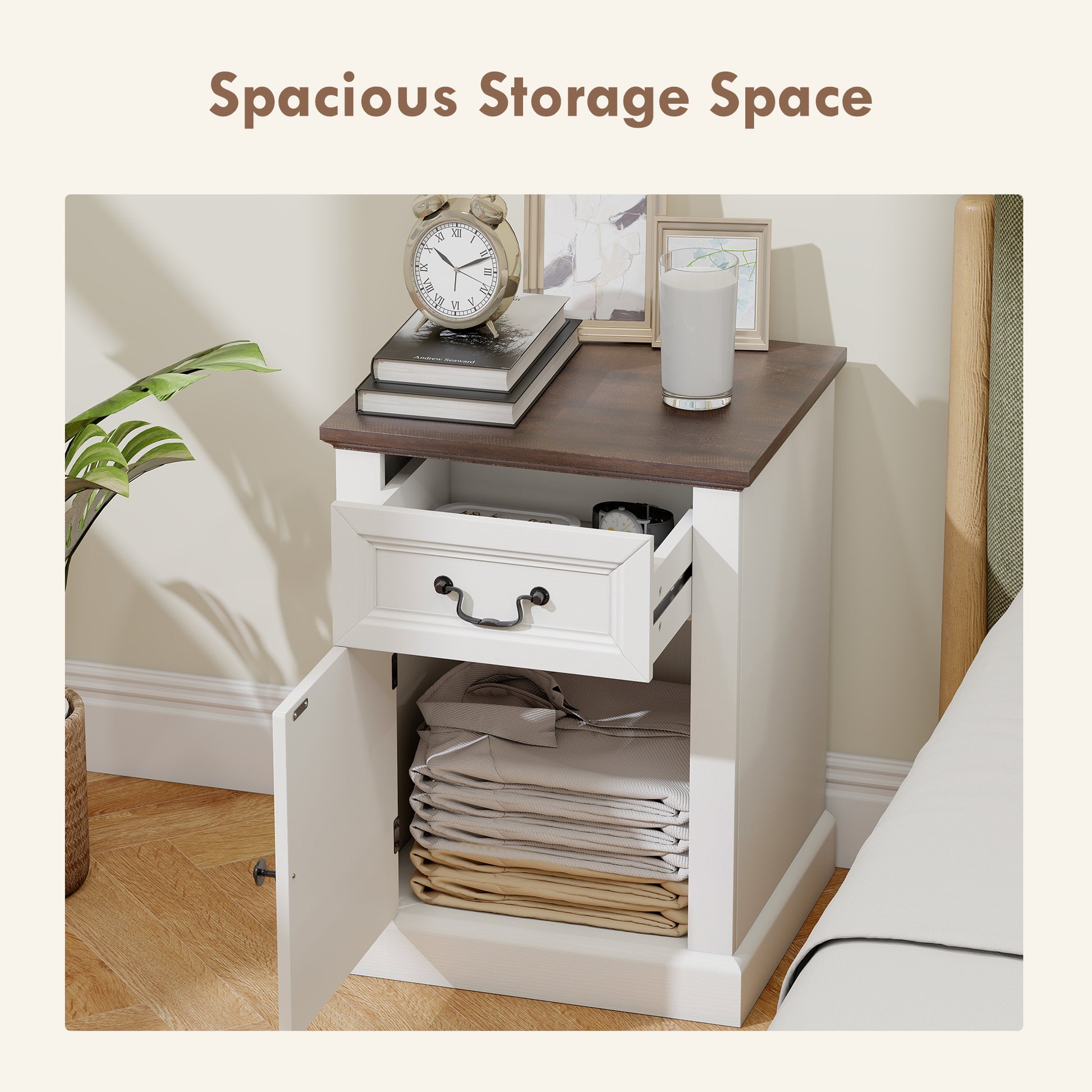 Side Table Set of 2, End Tables with Drawer and Cabinet, Nightstands for Small Spaces, Living Room, White