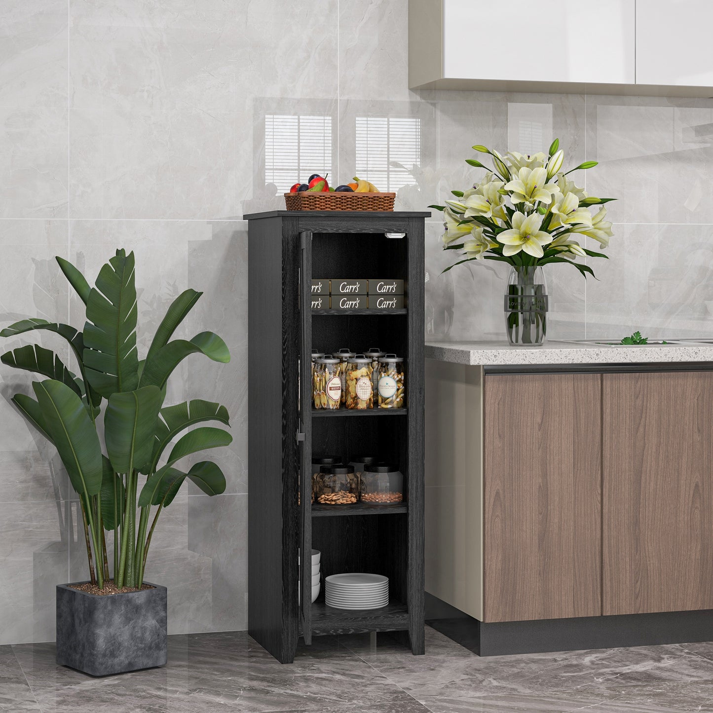 48" Farmhouse Kitchen Pantry Storage Cabinet with Barn Door, Kitchen Pantry Cabinet with Adjustable Shelves, Black