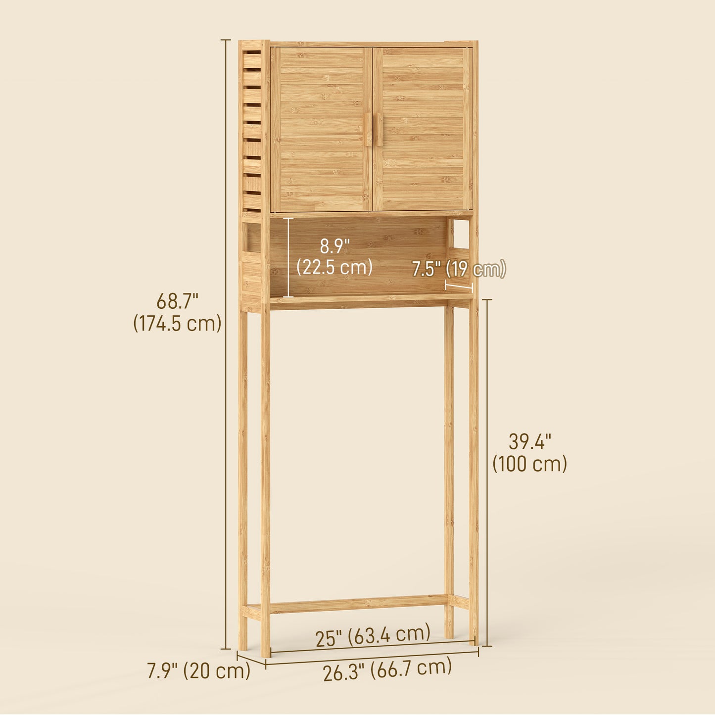 Over the Toilet Cabinet, Bathroom Organizer with 2 Doors, Open Compartment and Adjustable Shelf, Natural Wood Finish