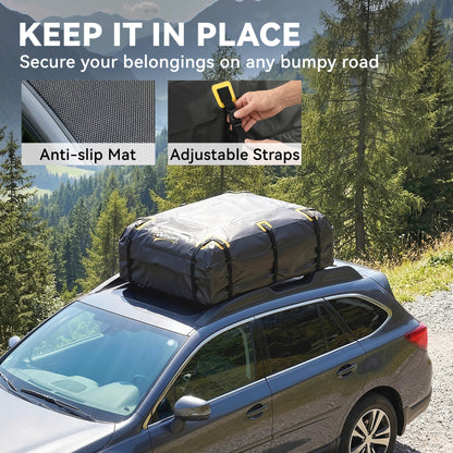 Rooftop Cargo Carrier, 21 Cubic Feet Waterproof Soft-Shell Car Roof Storage Bag with Door Hooks, Anti-Slip Mat