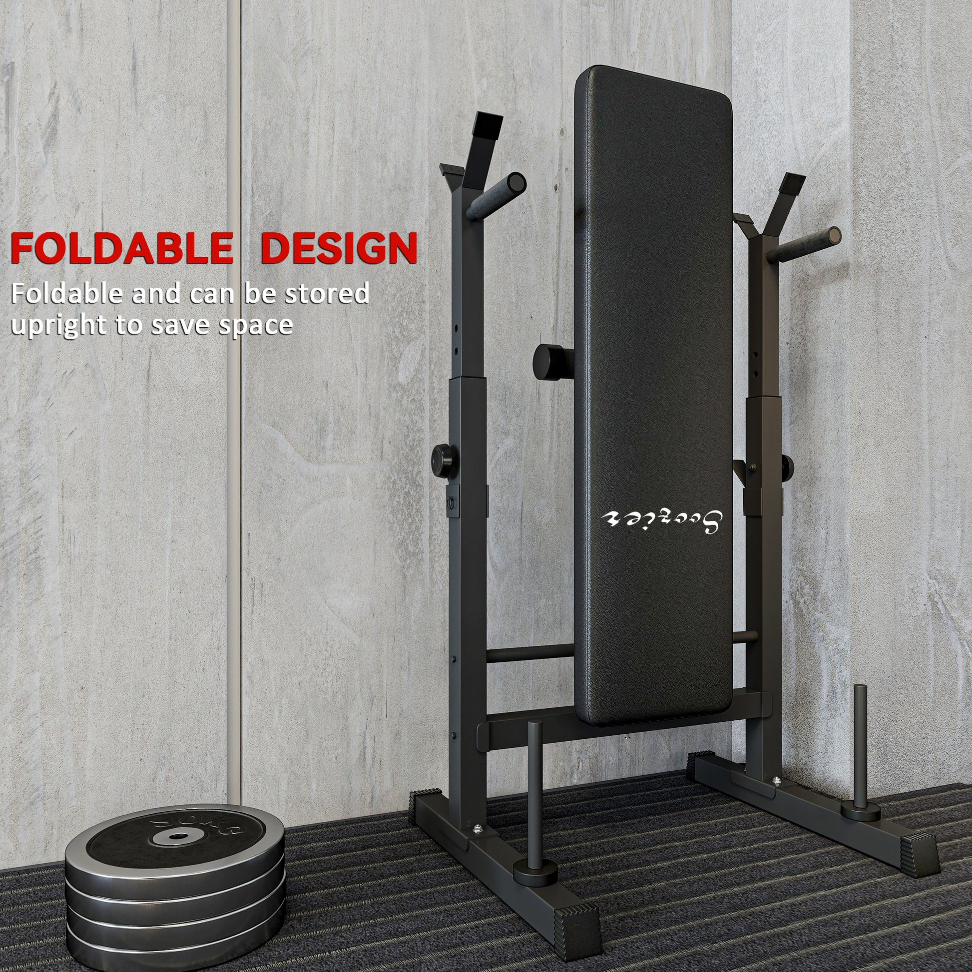 Soozier Adjustable Weight Bench, Foldable Bench Press with Barbell Rack and Dip Station for Home Gym, Strength Training Multiuse Workout Bench, Black