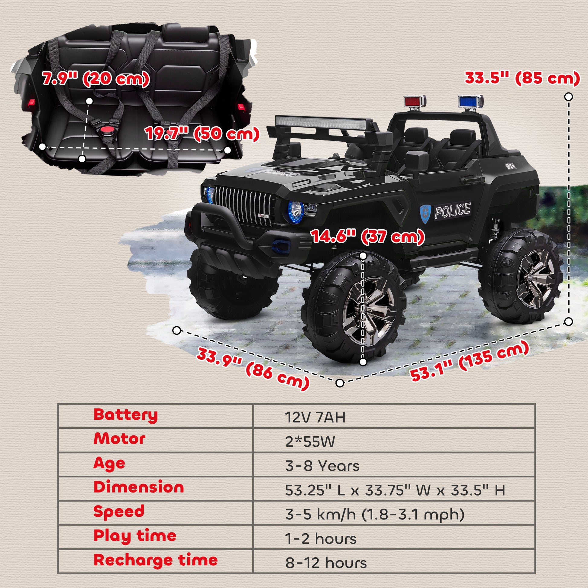 Aosom 2 Seater Ride-On Car with Parental Remote Control, LED Lights, MP3 for Kids Ages 3-8, Black