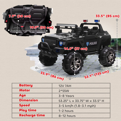 Aosom 2 Seater Ride-On Car with Parental Remote Control, LED Lights, MP3 for Kids Ages 3-8, Black