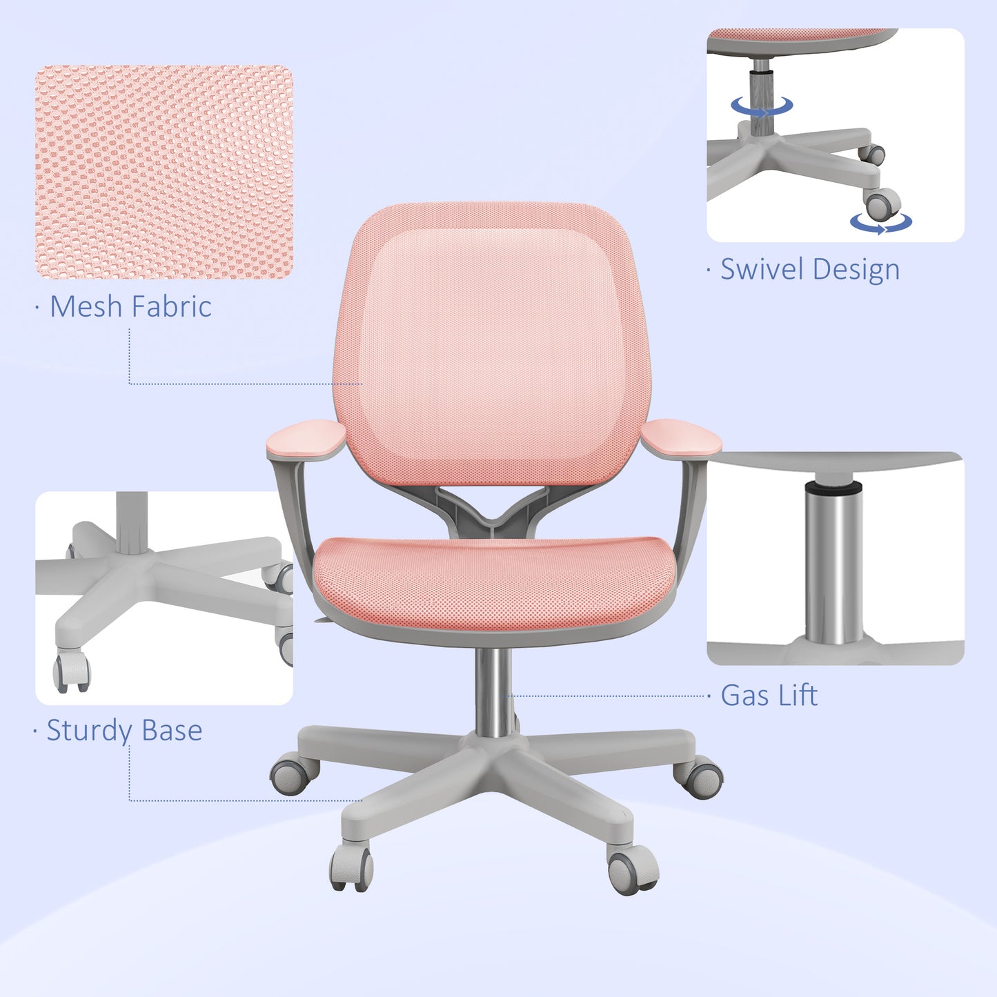 Office Chair, Small Computer Desk Chair with Mesh Back, Swivel Castors, Arm, Pink