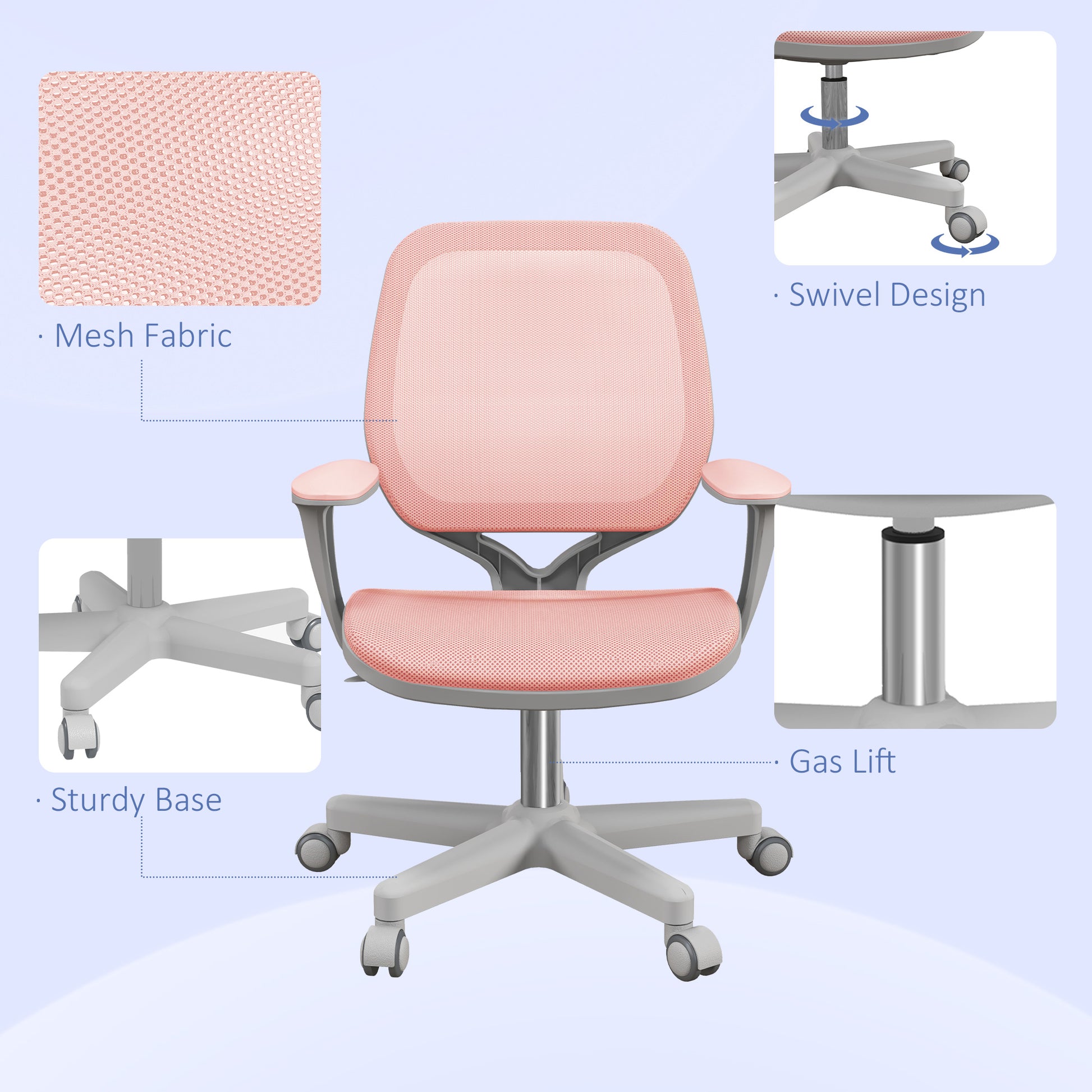 Office Chair, Small Computer Desk Chair with Mesh Back, Swivel Castors, Arm, Pink